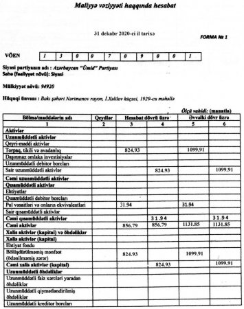 Ümid Partiyası 2020-ci il üçün maliyyə hesabatını açıqladı 